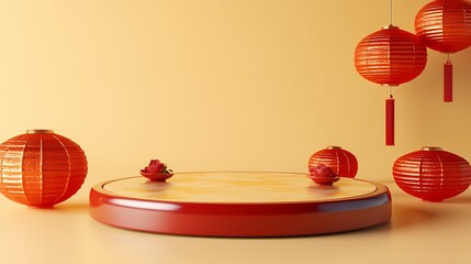 traditional chinese red and yellow round podium poster background