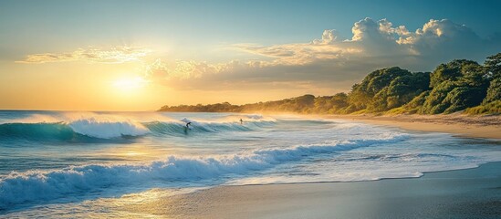 Golden sunset casts warm light over a sandy beach with crashing waves and a few surfers in the distance.