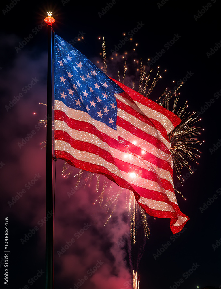 Poster fireworks light up united states flag in night sky display with vibrant colors and patterns.