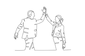 Single one line drawing young happy business man and business woman celebrating their success achieve business target. Colleagues who give high fives because they have successfully carried out their 
