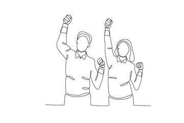 Single one line drawing young happy business man and business woman celebrating their success achieve business target. Happy coworkers because they have successfully carried out their duties