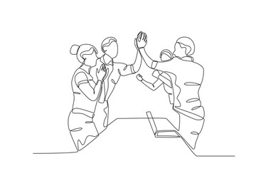 Single one line drawing young happy business man and business woman celebrating their success achieve business target. Happy coworkers because they have successfully carried out their duties