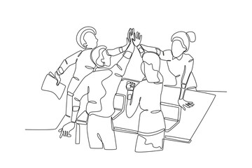 Single one line drawing young happy business man and business woman celebrating their success achieve business target. Happy coworkers because they have successfully carried out their duties