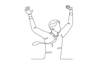 Single one line drawing young happy business man and business woman celebrating their success achieve business target. Business man who is happy because of success in career