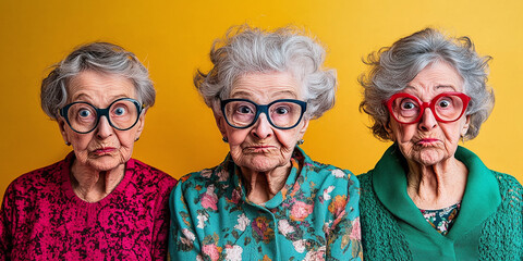 Fun and quirky portrait of three grandmothers with exaggerated expressions and colorful outfits, perfect for humor and family-themed visuals.
