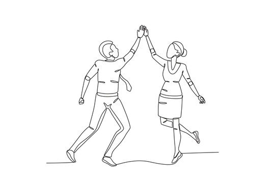 Single one line drawing young happy business man and business woman celebrating their success achieve business target. Colleagues who give high fives because they have successfully carried out their 
