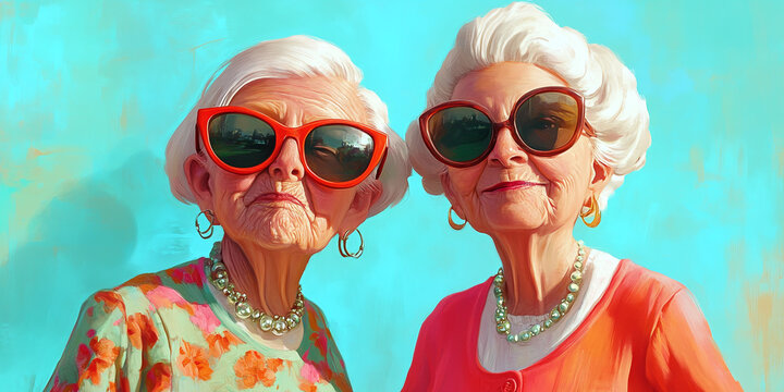 Fun and quirky portrait of three grandmothers with exaggerated expressions and colorful outfits, perfect for humor and family-themed visuals.