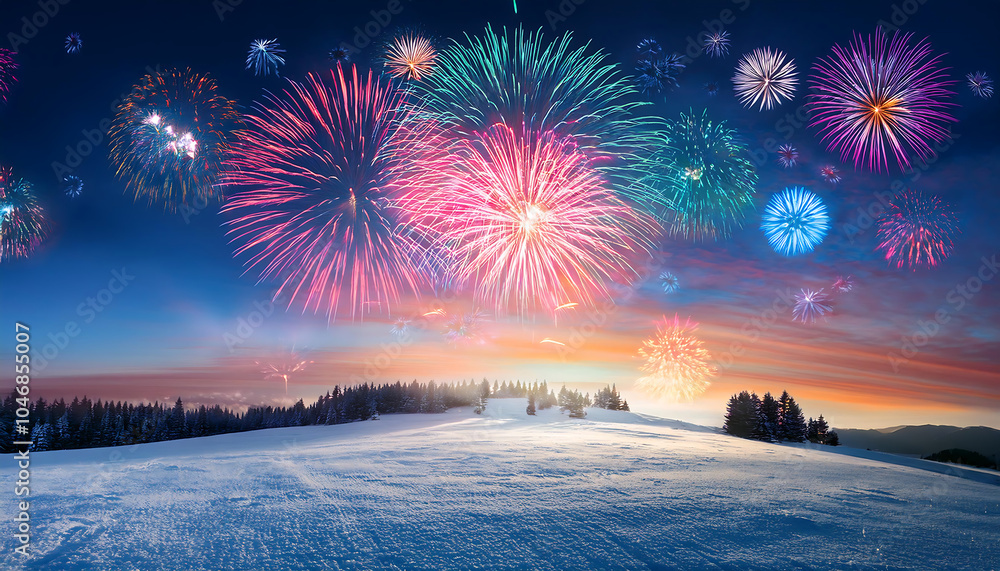 Poster Fireworks light up a serene winter holiday scene in an abstract colorful visual atmosphere._1(406)