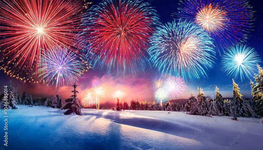 Poster fireworks light up a serene winter holiday scene in an abstract colorful visual atmosphere._1(407)