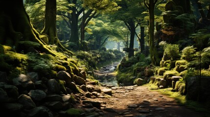 Obraz premium Tranquil Path Through a Lush Forest