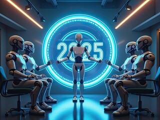 Futuristic scene with humanoid robots in conference room setting. Central robot stands before glowing blue neon "2025" circle, flanked by seated robots. Modern lighting creates dramatic atmosphere.