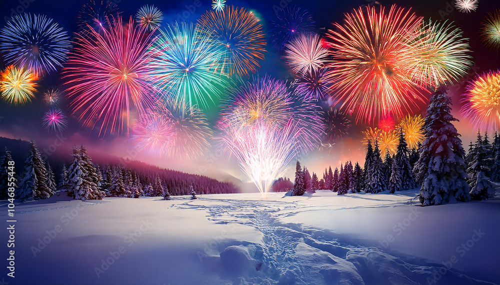 Poster fireworks light up a serene winter holiday scene in an abstract colorful visual atmosphere._1(405)