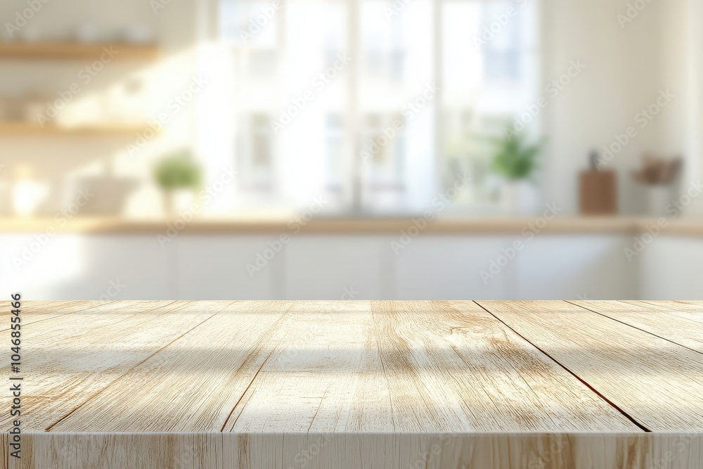 Poster a close-up of a wooden table top in a kitchen setting. the table is empty and ready for a product. t
