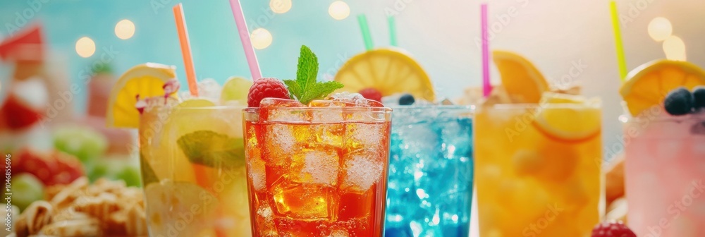 Poster brightly colored cocktails filled with fruit slices and refreshing snacks create a festive setting p