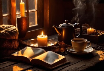 captivating top down view steaming coffee cup surrounded rustic table scene exuding warmth comfort, cozy, drink, beverage, cafe, glass, ceramic, brown