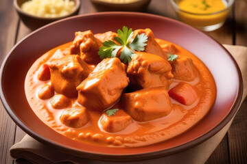Fototapeta premium Delicious chicken curry masala served in plate in a cozy dining setting. indian food and restaurant concept