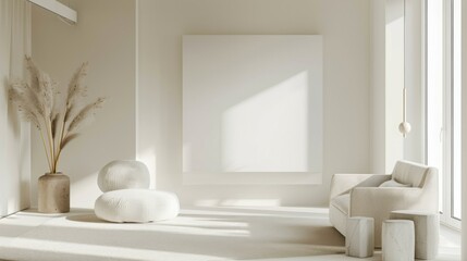 A chic and serene living room design showcasing a white canvas backdrop, Carefully selected minimal furniture, Minimalist zen style