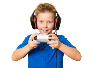 Child boy having fun playing with video console. Isolated on transparent background.