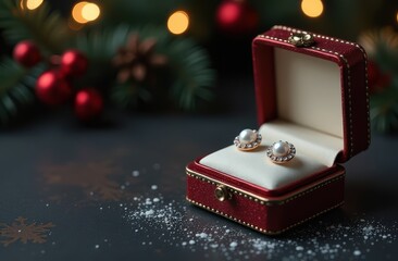 A beautiful gold pair of earrings featuring a striking pearl stone is elegantly placed inside a striking red box, present for New Years Eve, Christmas and winter holidays