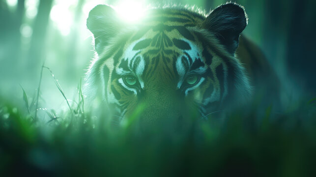 majestic tiger gazes intensely through misty forest, its striking features illuminated by soft light. atmosphere is serene yet powerful, capturing essence of wildlife - Powered by Adobe
