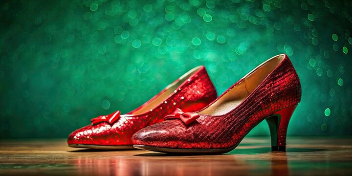 Glamorous Ruby Slippers on Emerald Green Background for Fashion Enthusiasts and Collectors