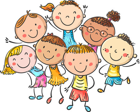 Cute cartoon happy kids standing together, group of multinational children, funny little boys and girls, isolated vector illustration