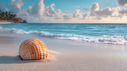 Obraz premium Seashell Serenity, intricate seashell resting in fine sand, distant waves softly blurred, evoking tranquility and coastal beauty.