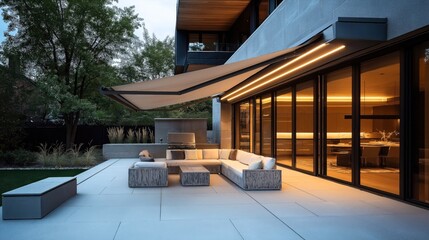 Modern outdoor patio with grey sectional seating, soft pillows, retractable awning, minimalistic garden, ambient lighting, glass walls, and indoor dining view.