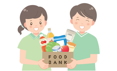 フードバンクの食べ物を運ぶ子供達