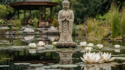 Obraz premium Serene Buddha Statue in Tranquil Garden Setting