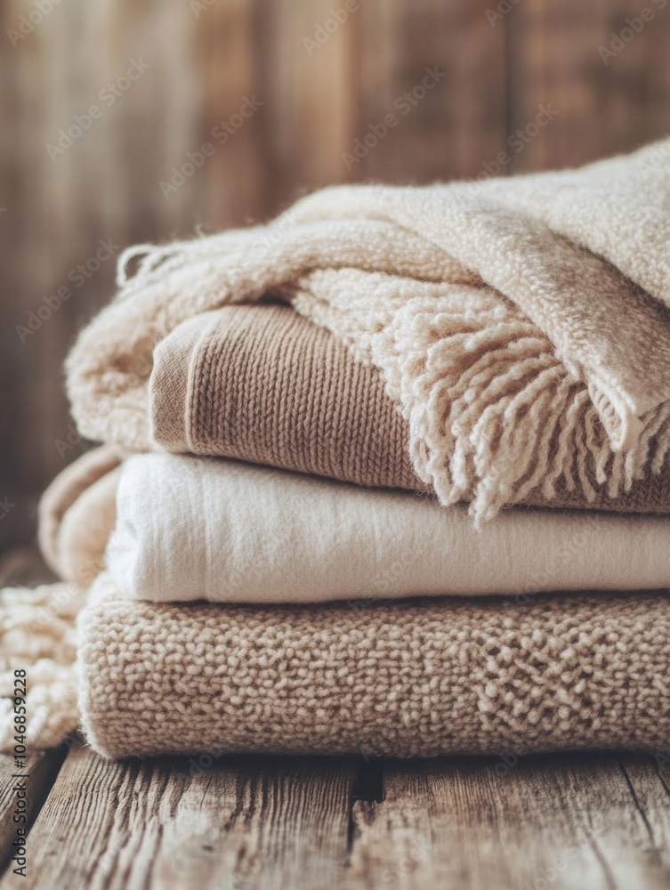 Aufkleber a collection of beautifully arranged soft blankets in neutral tones, enhancing the charm of the rust