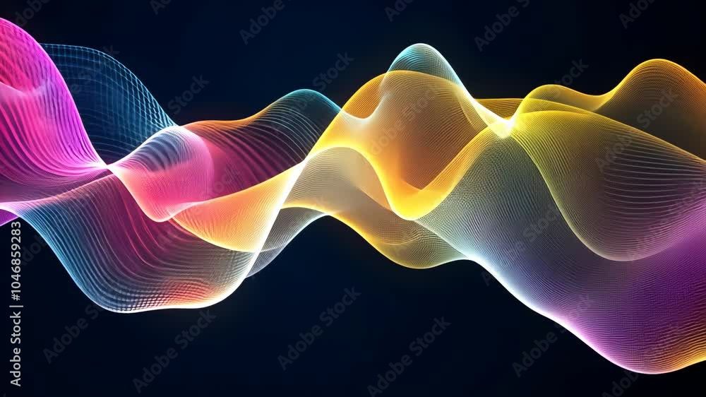 Poster colorful, abstract waves flow across a dark background, creating a dynamic and ethereal visual