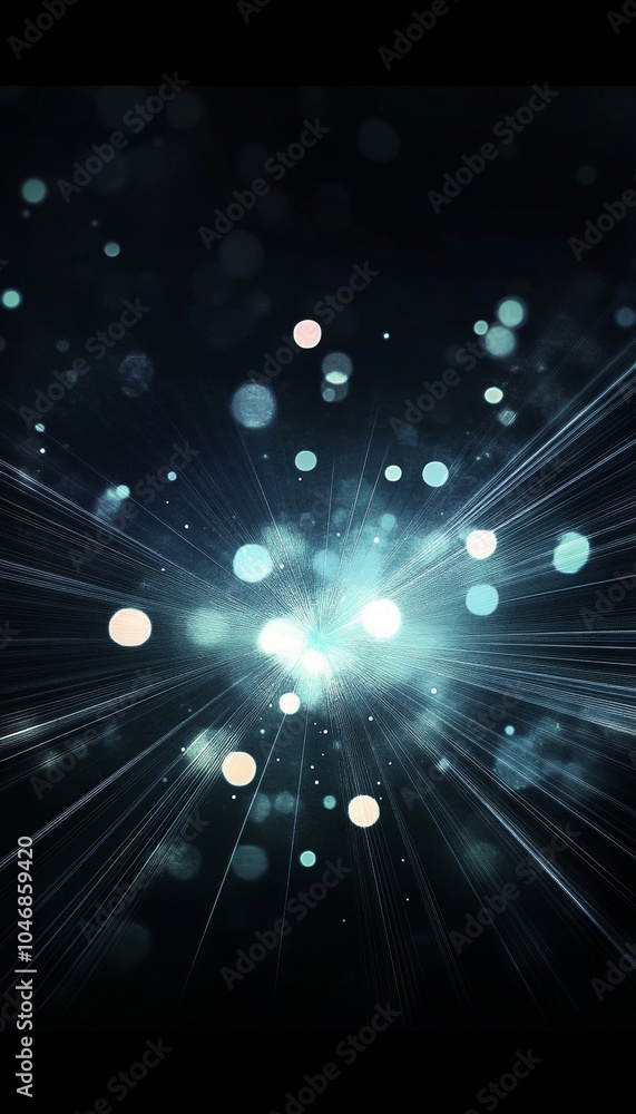 Poster rays of light bursting from central bright core creating bokeh effect on dark background