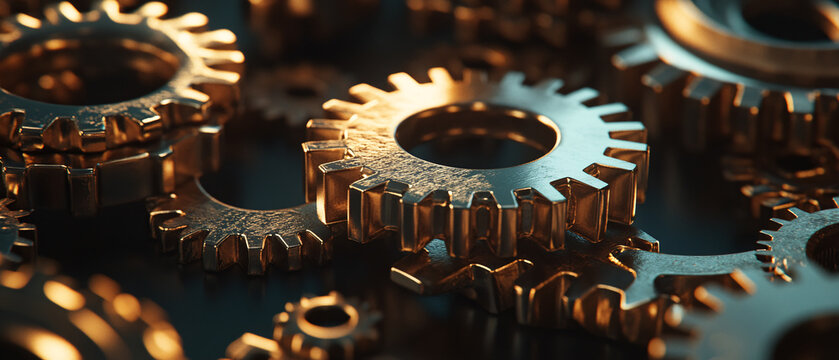 Close Up of Interlocking Shiny Metallic Gears, Industrial Technology, Teamwork Concept, Industrial Techno