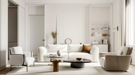 A chic and sophisticated living room design with a white canvas backdrop, Expertly curated minimal furniture, Minimalist glam style