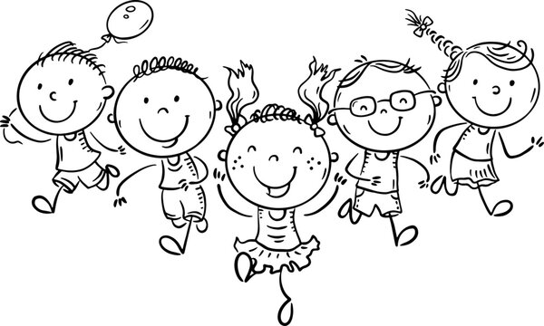 Funny little kids running together. Black and white vector illustration of group of happy children, doodle characters
