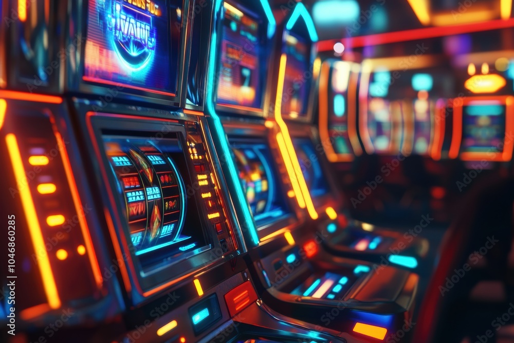 Poster a row of slot machines features bright flashing lights and spinning reels, all highlighting an entic