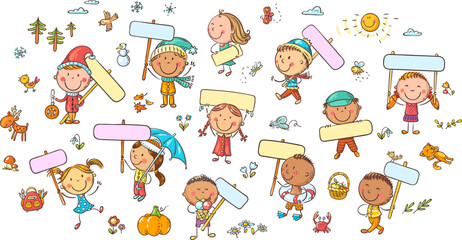 Set of cute cartoon kids holding signs with blank space, seasons weather illustration. Isolated colorful kids clipart, doodle children