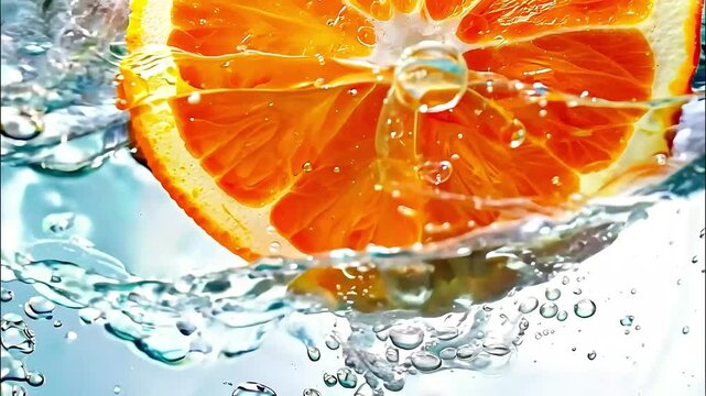 A close-up of an orange slice slowly being immersed in water.