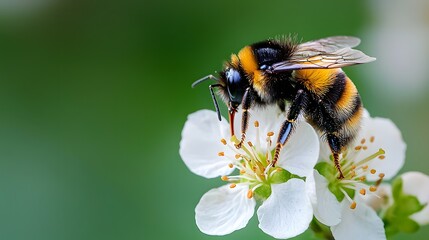 Close-up of a bumblebee collecting nectar from a white flower.