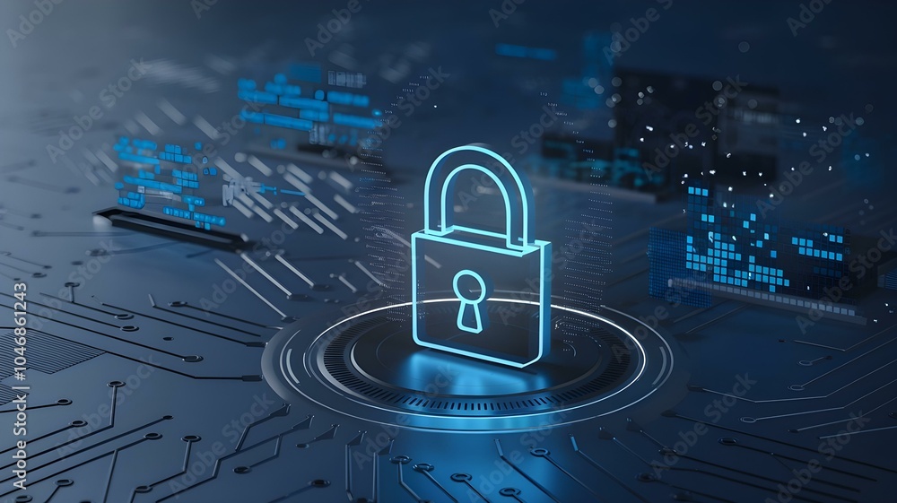 Poster digital security concept: a 3d lock graphic symbolizing cybersecurity with circuit board elements, r