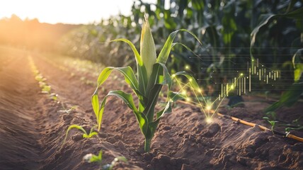 Obraz premium Growing Corn in the Sun: A Fresh Corn Plant Emerging from Dark Soil in a Lush Agricultural Field, Enhanced with Digital Data Visualization Elements