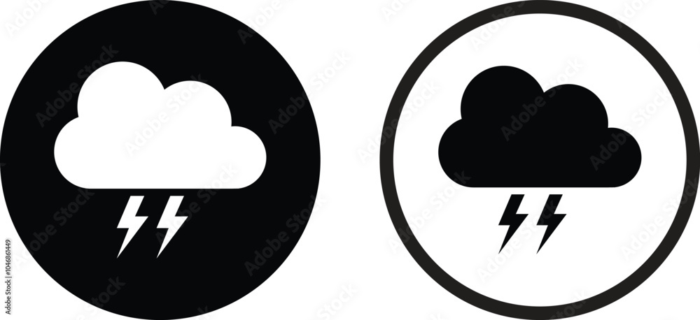 Poster thunderstorm icon set in two styles . thunderstorm cloud icon with lightning . weather symbol vector