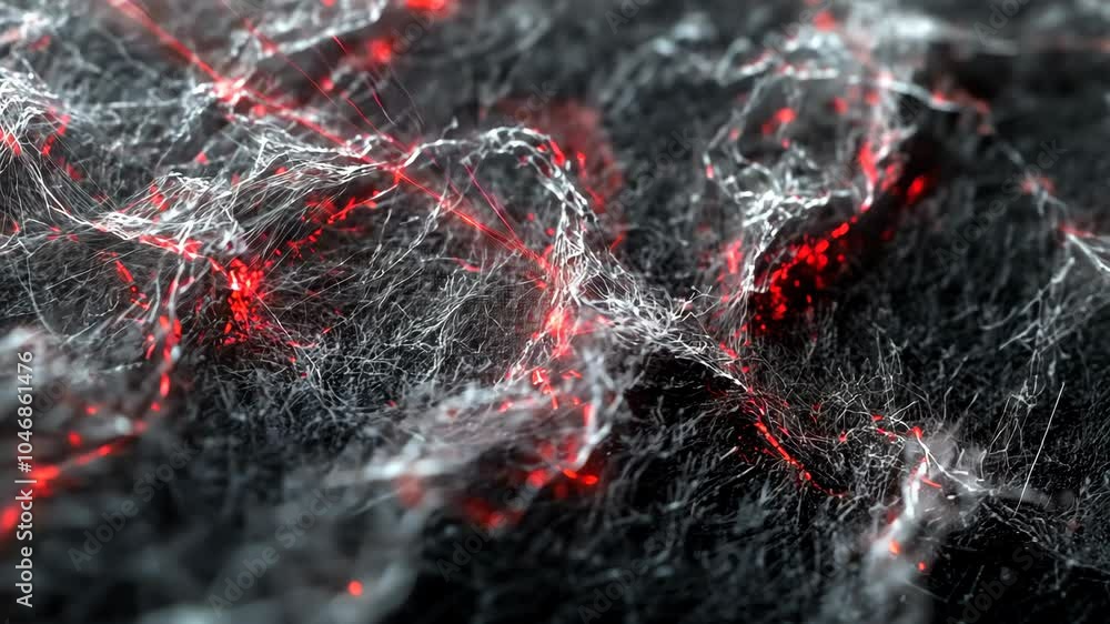 Poster a close-up of a digital abstract design featuring a black background with red and white strands