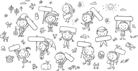 Set of doodle children holding signs with empty space. Isolated outline season wheather clipart. Black and white cartoon doodle kids, vector illustration