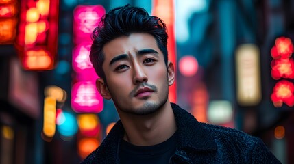 Fototapeta premium Young Asian man in urban setting surrounded by vibrant neon lights.