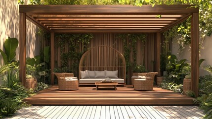Naklejka premium Outdoor Pergola. Teak Wooden Structure in Garden Setting with Patio Furniture
