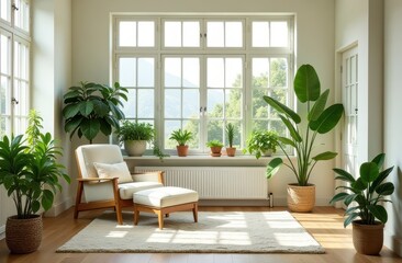 A cozy living room that features a variety of potted plants and a single chair