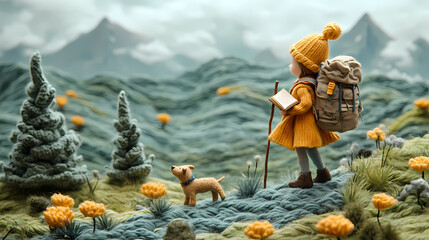 A woolen girl is carrying a backpack, carrying a book and a hiking stick, and walking with a cute dog on a hand-knit landscape with grass in the background.