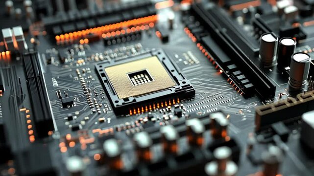 A close-up of a computer motherboard with a central processing unit installed